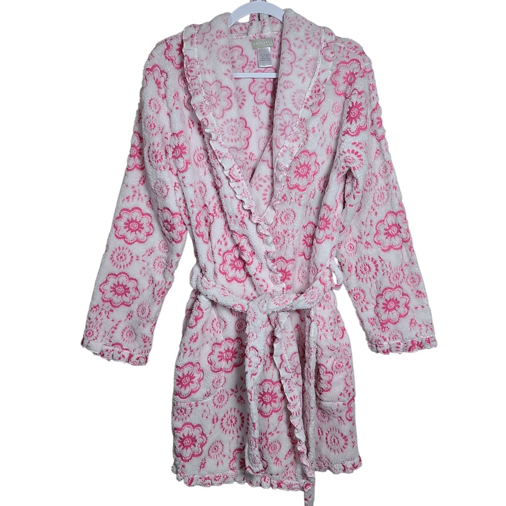Pink Plush Floral‎ Robe Ruffle Trim L Loungewear Coquette Girly Barbiecore GRWM